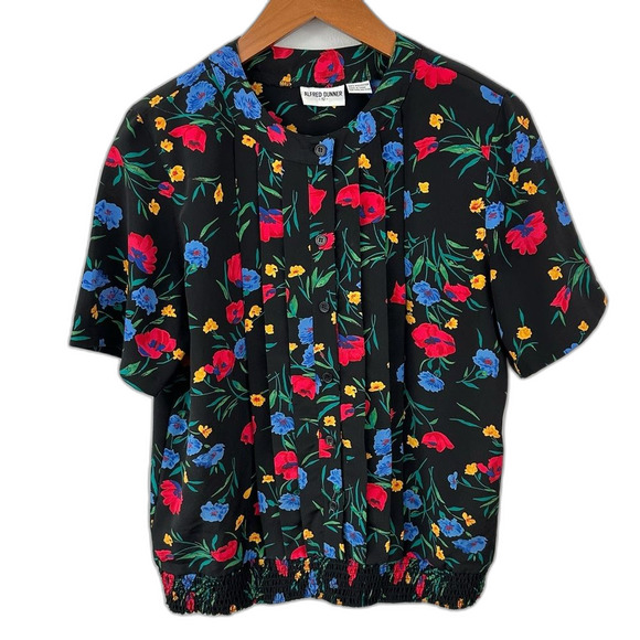 Alfred Dunner Vintage Black Floral Short Sleeve Button-Up Blouse Size 12 - Picture 1 of 12